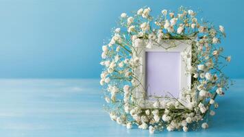 Photo frame with lily of the valley flowers on blue background