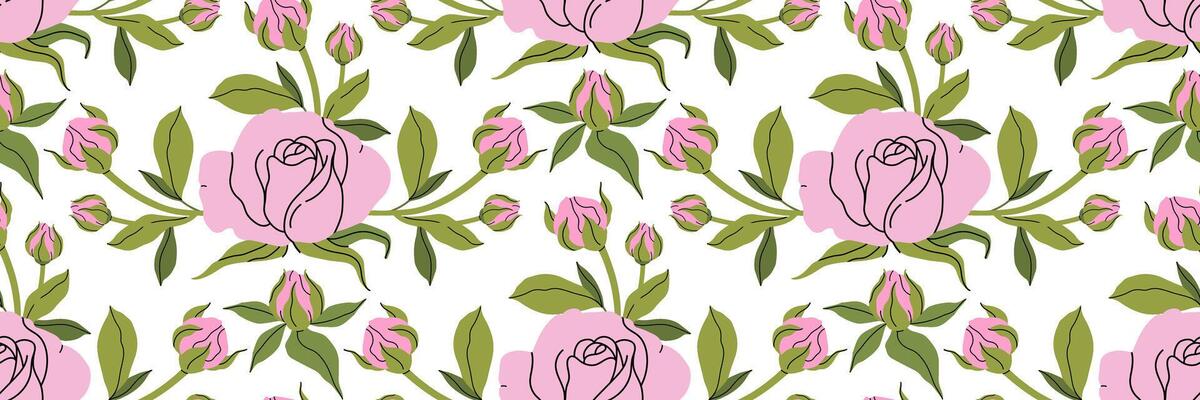 Beautiful flowers seamless pattern. Delicate pink rose with stem and leaves, small bud. Botanical spring pattern. For wallpaper, textiles. Coquette Aesthetic style. Elegant vintage illustration
