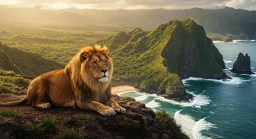 A lion sitting on a cliff overlooking the ocean and mountains photo