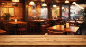Wooden table in restaurant with blurred background photo