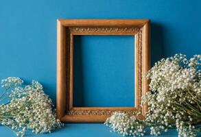 Frame with baby's breath on blue background photo
