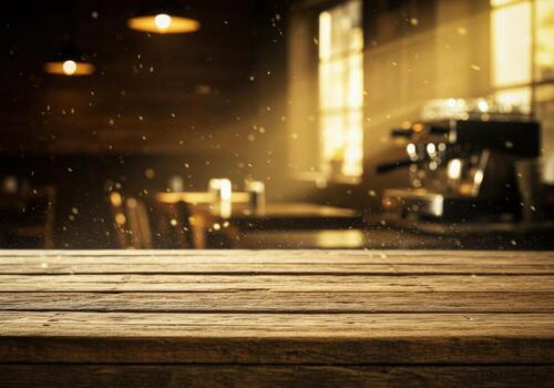 Empty wooden table with light coming from the window photo