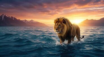 A lion walking across the ocean at sunset photo