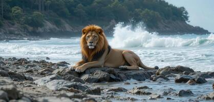 A lion sitting on the rocks near the ocean photo
