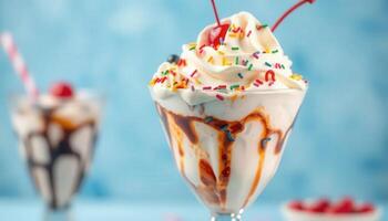 Two ice cream sundaes with toppings and cherries photo
