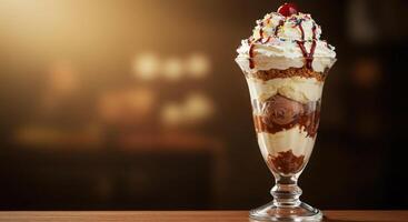 An ice cream sundae with whipped cream and toppings photo