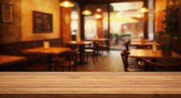 Wooden table in restaurant with blurred background photo