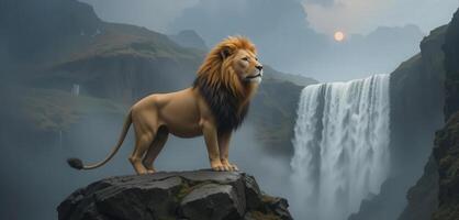 A lion stands on a cliff overlooking a waterfall photo