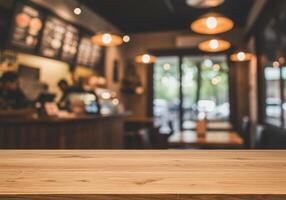 Table top in coffee shop with blurred background photo