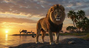 A lion stands on a rock at sunset photo