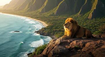 A lion sitting on a rock overlooking the ocean photo
