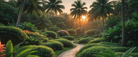 Serene garden path winding through lush greenery at sunrise in a tropical paradise. photo