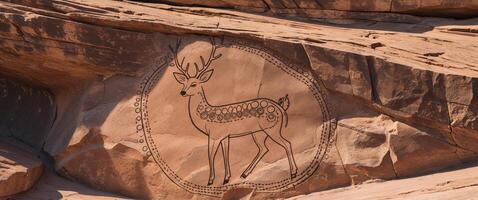Ancient rock art depicting a deer adorned with circular designs on a rocky surface. photo