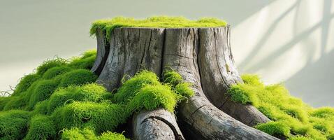 Lush green moss growing on weathered tree stump photo