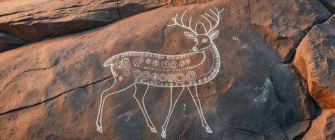 Ancient rock art depicting a deer adorned with circular designs on a rocky surface photo