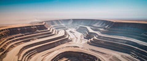 Aerial view of massive open pit mine with terraced excavation and dust. photo