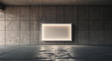 Modern Empty Concrete Room with Illuminated Rectangular Frame on Textured Wall and Rough Industrial Floor photo