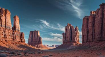rocky desert landscape with towering sandstone formations dramatic light and shadow play vast sky copy space. photo