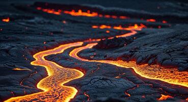 Fiery molten lava flow on dark ground creates a path photo