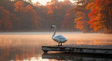 Lone Swan Standing on a Dock at Misty Lake During Serene Morning Light with Autumn Trees in the Background photo