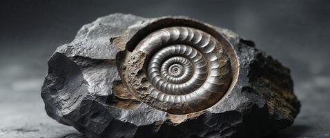 Fossilized ammonite imbedded in rough dark textured stone surface photo