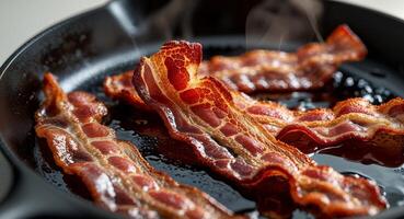 Delicious crispy bacon sizzling in its own fat on hot pan. photo