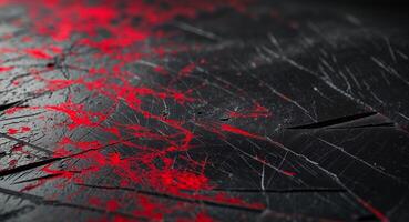 A close up of a red paint splattered on a black surface photo