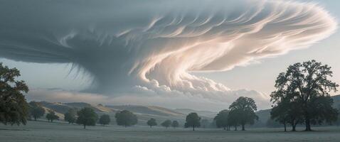 A large cloud is seen over a field photo