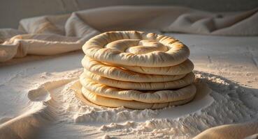 A stack of bread on top of a white surface photo