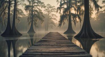Empty Wooden Pier Overlooking a Serene Swamp with Cypress Trees in Soft Focus. photo