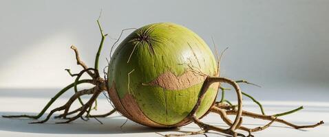 Fresh green coconut with rough texture and roots. photo