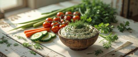 Fresh Herb Dip Served with Colorful Vegetables on Wooden Table photo