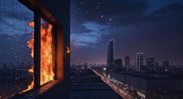 Fire engulfs building as flames burst from shattered window during nighttime blaze in urban area. photo