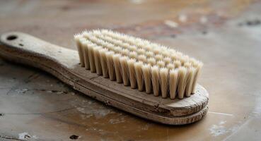 Wooden brush with soft bristles placed on rustic wooden surface for cleaning or grooming tasks photo