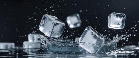 Ice Cubes Falling with Water Splash on Black Background Creating Refreshing Visual Effect and Cool Atmosphere photo