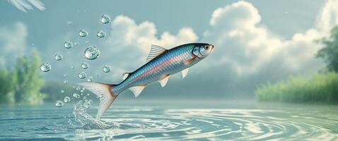 Dynamic action shot of a fish leaping out of the water with splashing droplets and a scenic nature background photo