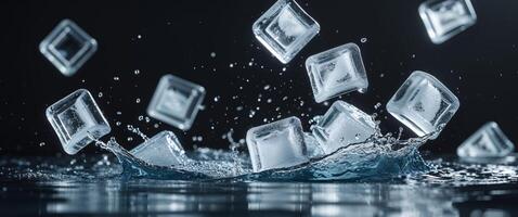 Ice Cubes Falling with Water Splash on Black Background Creating Refreshing Visual Effect and Cool Atmosphere. photo