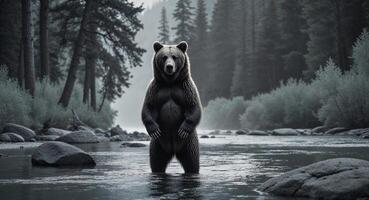 Majestic Grizzly Bear Standing in Shallow River Surrounded by Serene Wilderness in the Heart of Nature with Rocks and Lush Greenery in the Background photo
