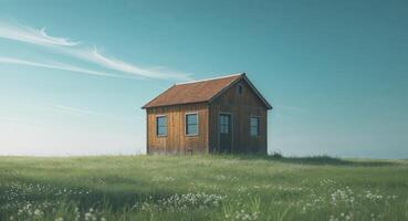 A small wooden house sits in the middle of a field photo