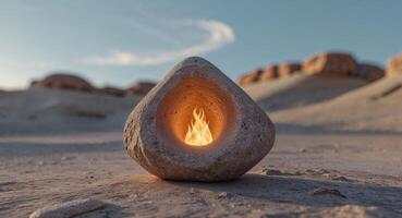 A stone fire pit in the desert with a flame photo