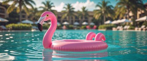 Flamingo floating in a pool with palm trees photo