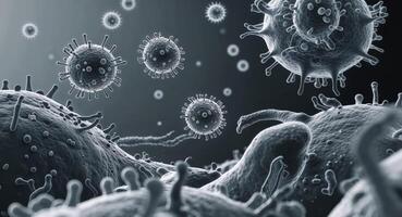 Microscopic view of virus particles infecting bacterial cells. photo