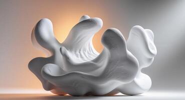 Abstract white textured sculpture on display with subtle backdrop lighting photo