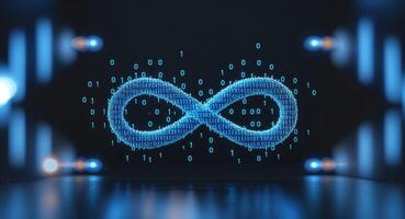 Blue infinity symbol made of glowing binary code particles photo