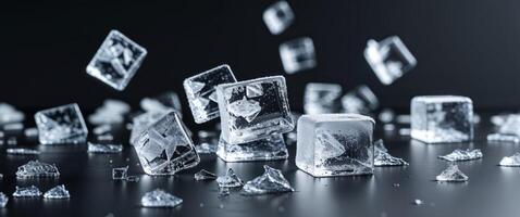 Scattered ice cubes and crushed ice on a black background with copy space for text inclusion. photo