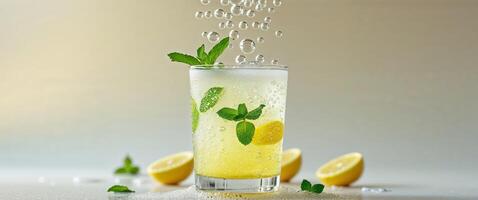 Refreshing Lemonade with Bubbles and Soft Background photo