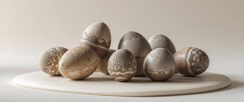 Cluster of Fossilized Dinosaur Eggs Arranged on a Smooth Surface Showcasing Intricate Textures in Neutral Lighting photo