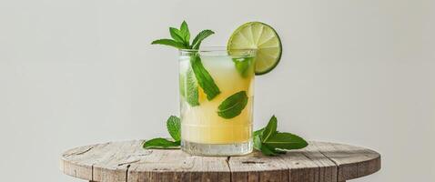 Refreshing sugarcane juice in glass with lime and mint on wooden table photo