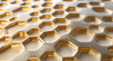 Gold honeycomb textured surface closeup background for design or art photo