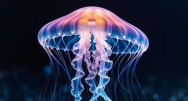 Beautiful Jellyfish with Colorful Glow in Dark Background. photo
